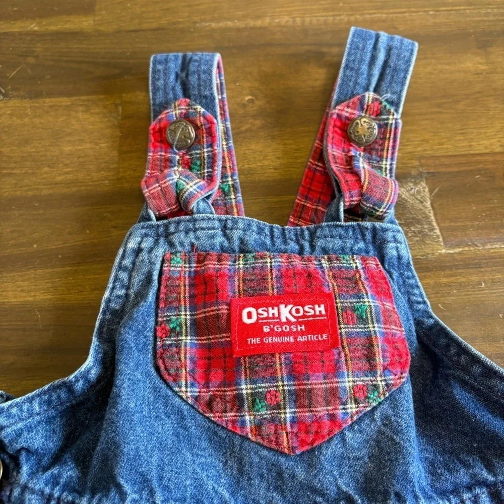 Oshkosh B’gosh American Vintage Cotton Denim Overall Dress Plaid Bow Toddler 4